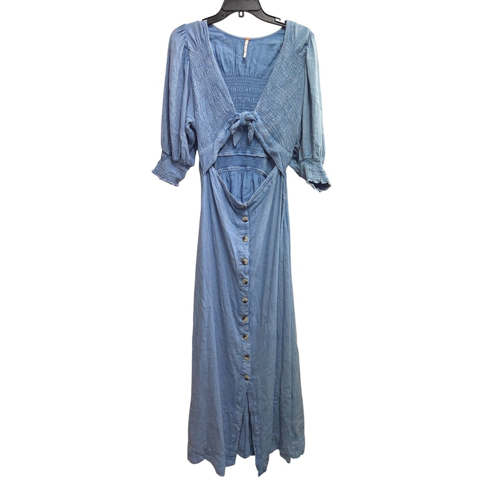 Free People String Of‎ Hearts Boho Blue Maxi Dress Blue Cutout Smocked Large - Picture 4 of 11